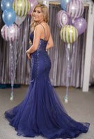 Bethany navy fishtail embellished prom dress